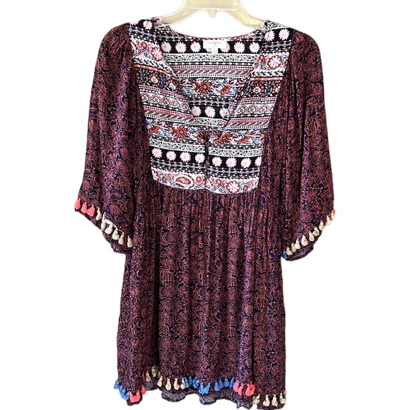 Umgee Bohemian Peasant Tassel Mixed Print Yoke Collar Tunic Top Sz S - Picture 1 of 8